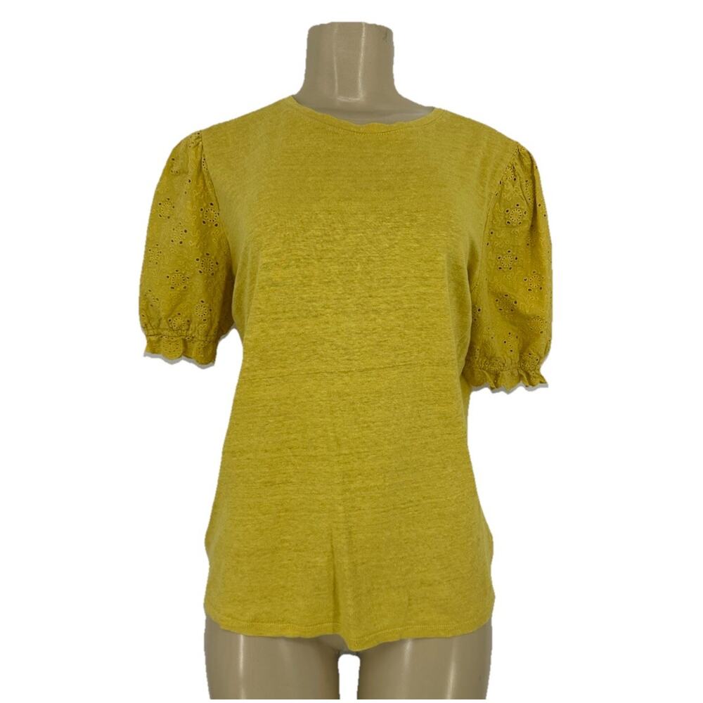 Boden Size 6 Women Broderie Cotton Eyelet Puff Sleeve Tee Crewneck Yellow ED5